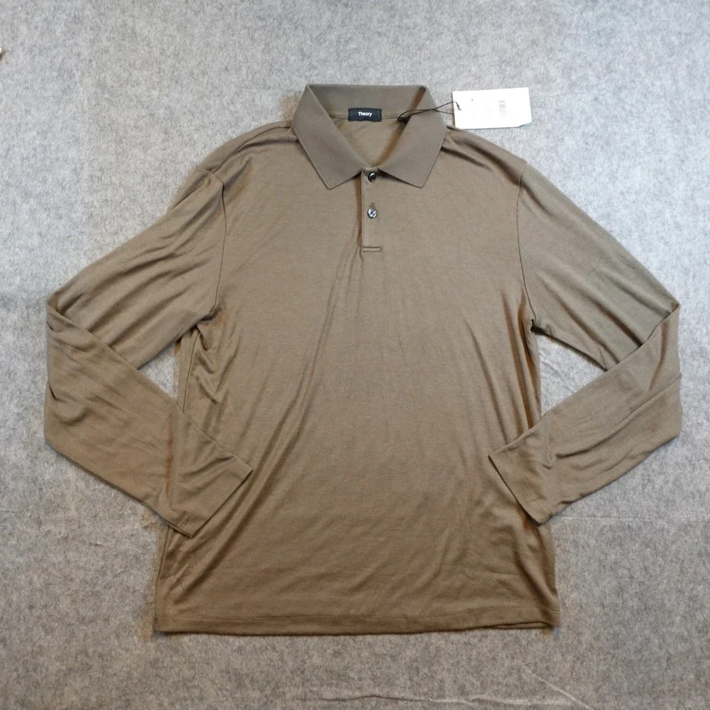 Theory Shirt Mens Medium Brown NWT Long Sleeve Goris Polo Anemone Milano Knit